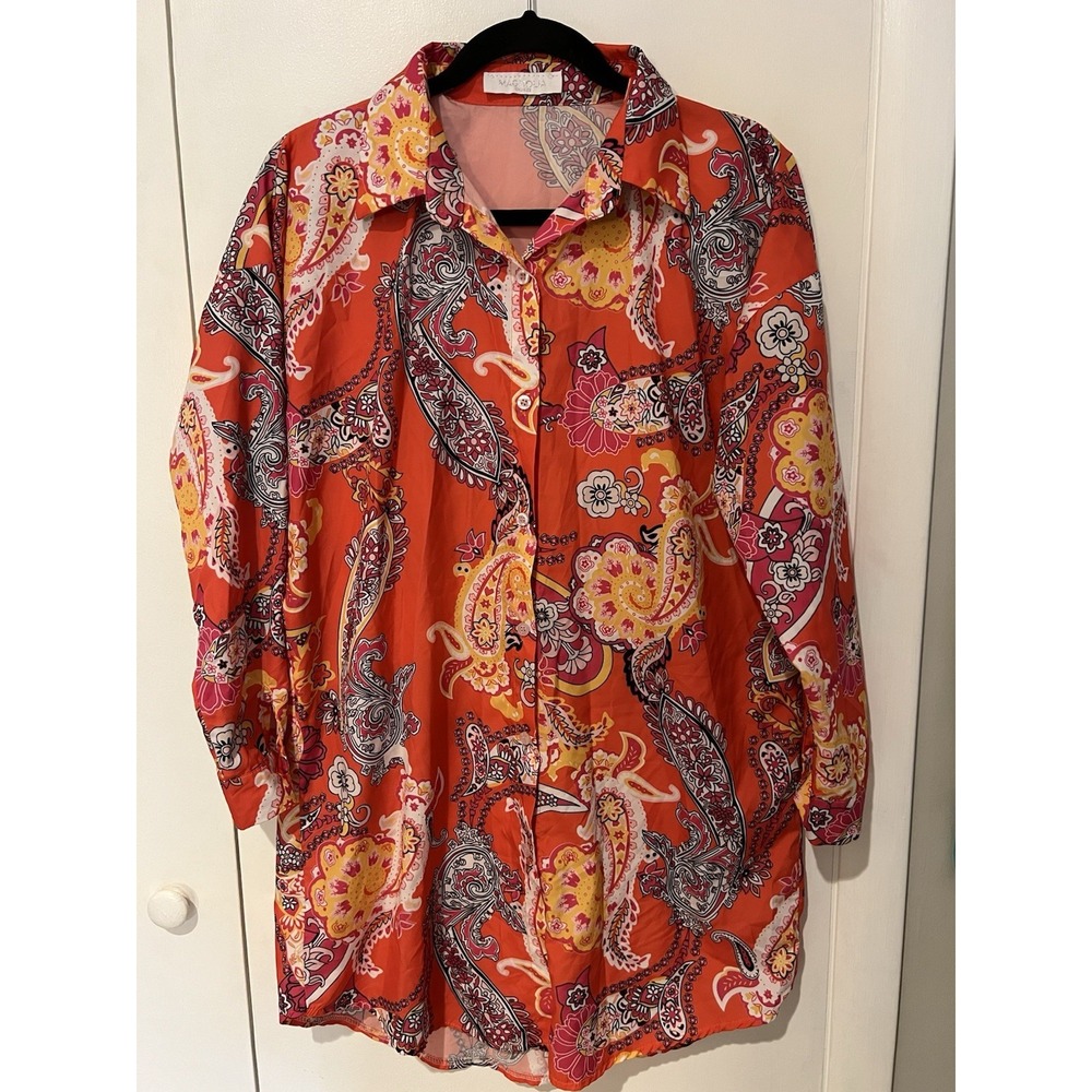 Magnolia Coral Floral Paisley Print Shirt‎ Button Up One Size Tunic Long Sleeve